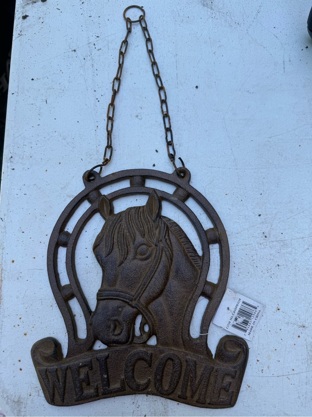 Vintage Cast Iron Rust Brown Horse 'Welcome' Wall Plaque